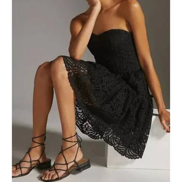 NWT Anthropologie Eva Franco Floral Lace Strapless Mini  Black Cocktail Dress 8 - Picture 1 of 8